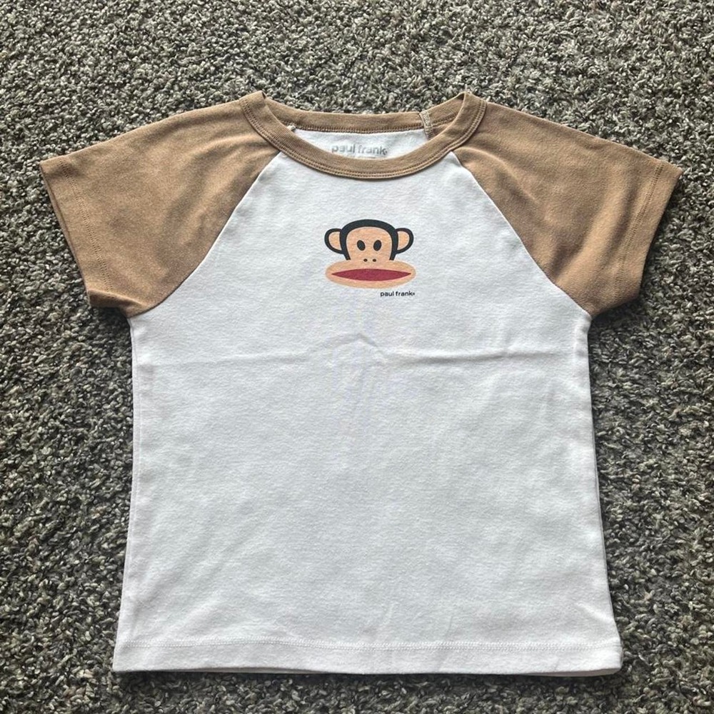 Paul Frank Julius Monkey Baby Tee White Tan Raglan Sleeve Cropped Shirt Size M